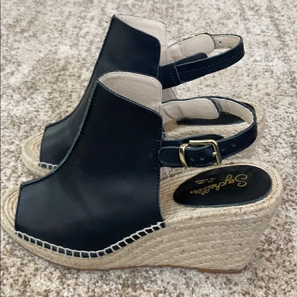 Seychelles Black Leather Wedge Sandals 9.5
